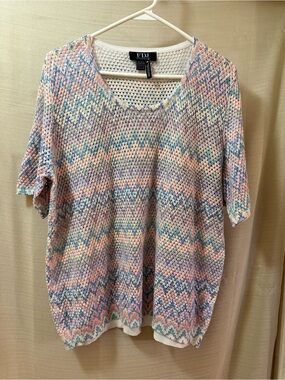 FDJ French Dressing Open Knit Sweater Top Cotton Blend Short Sleeve XXL Pastel